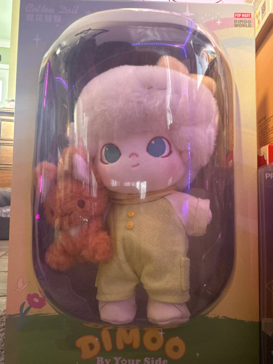 Pop Mart Dimoo World Dimoo By Your Side Cotton Doll, a special edition collector toy manufactured in 2024. This adorable boy doll features white hair, blue eyes, and a light complexion